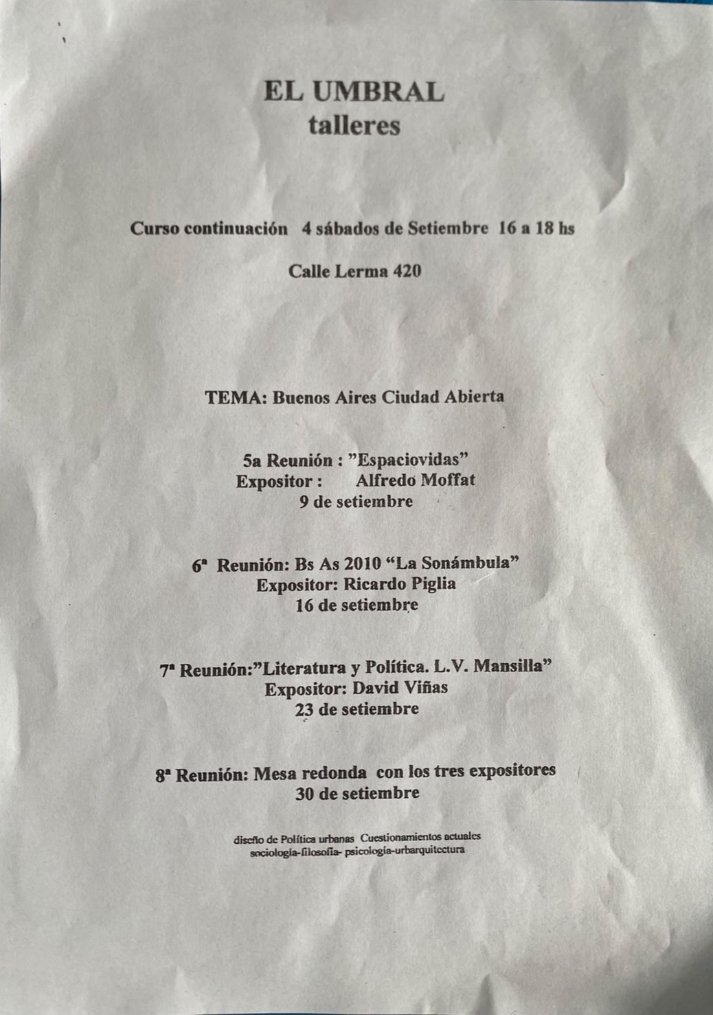 Afiche de El Umbral talleres, curso continuación: Espaciovidas, La Sonámbula, Literatura y Política