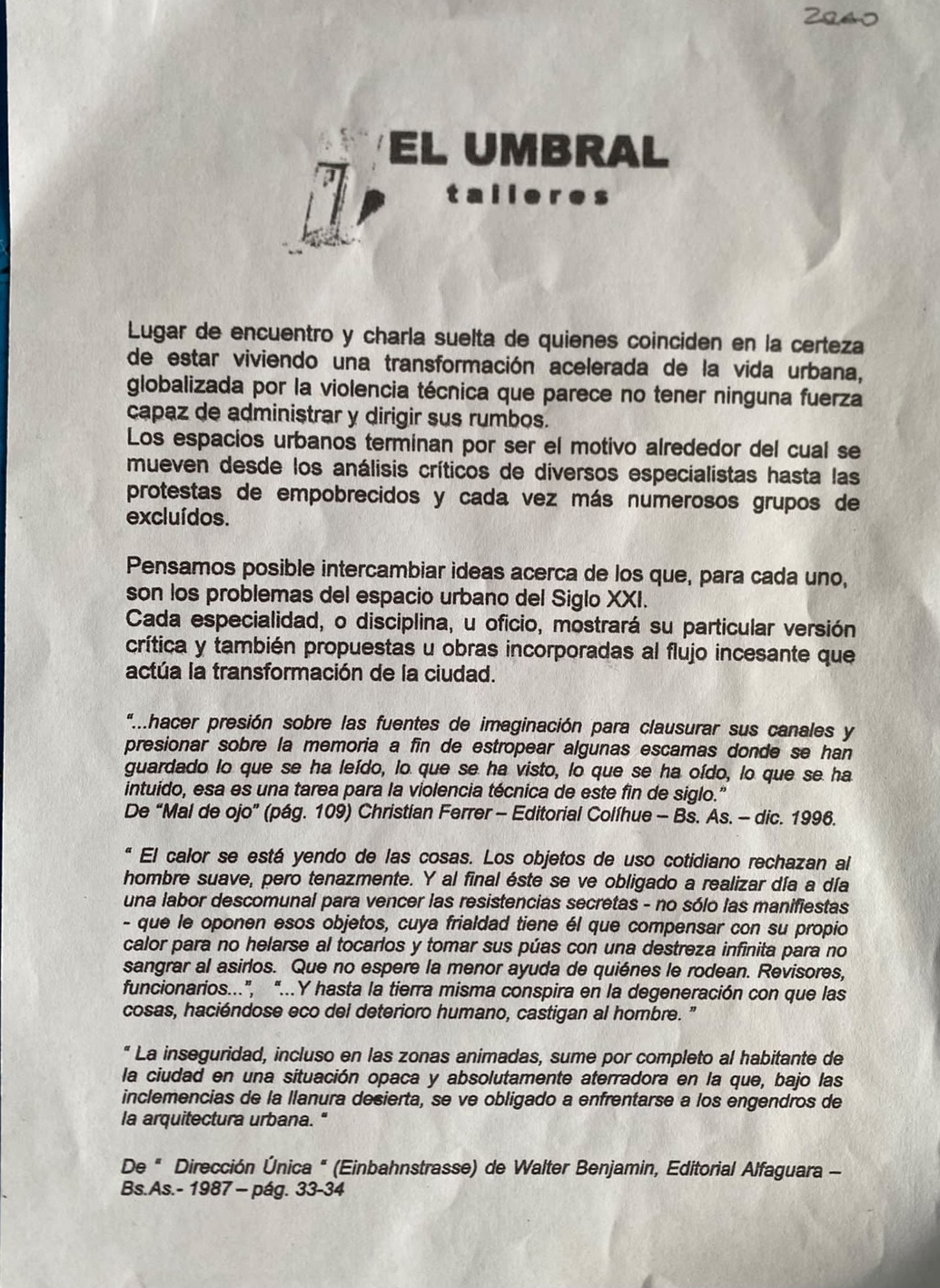 Texto impreso de El Umbral talleres, con citas de Christian Ferrer y Walter Benjamin