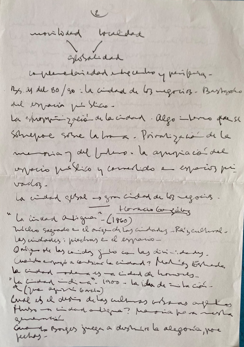Manuscrito de El Umbral, página 2: notas sobre globalidad y espacio público