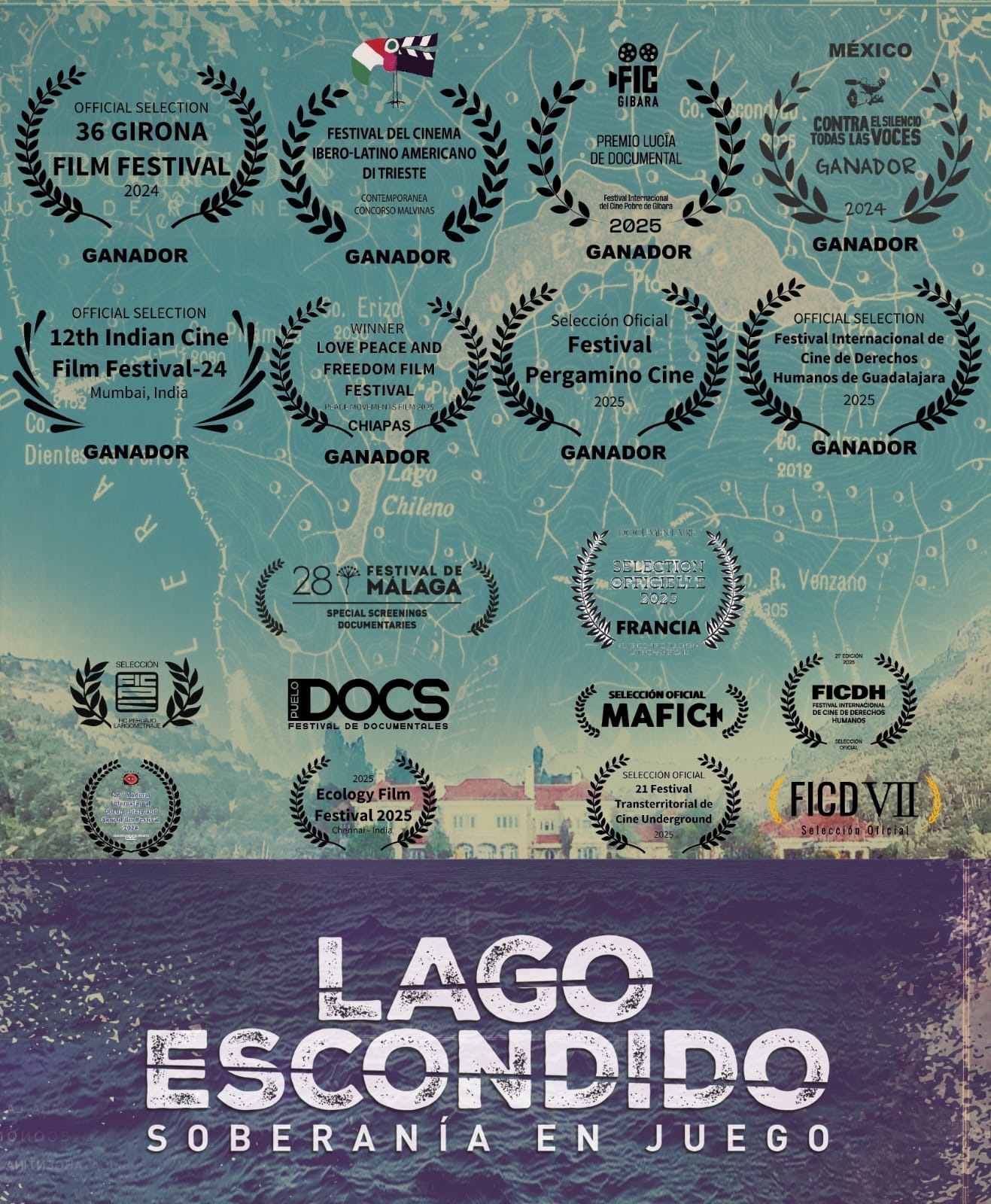 Afiche de Lago Escondido. Soberanía en juego, con selecciones de festivales